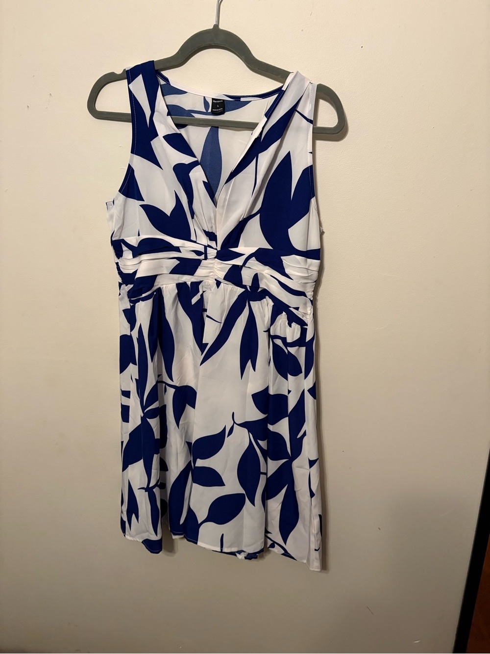 SHEIN White Midi Dress with Bold Blue Leaf Print
